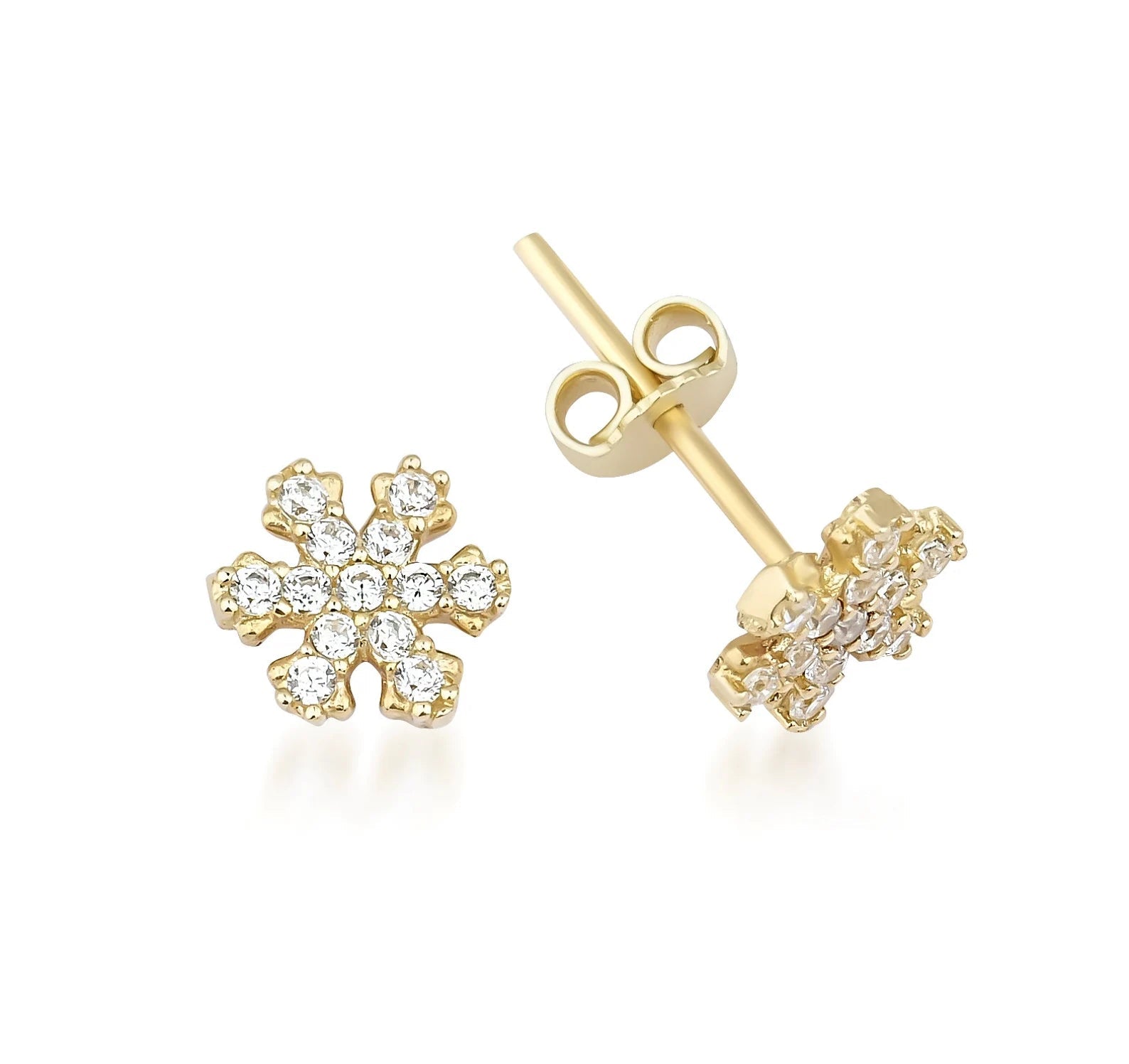 14K solid yellow gold snowflake stud earrings with CZ, perfect for everyday wear. Dimensions: 7.75mm.