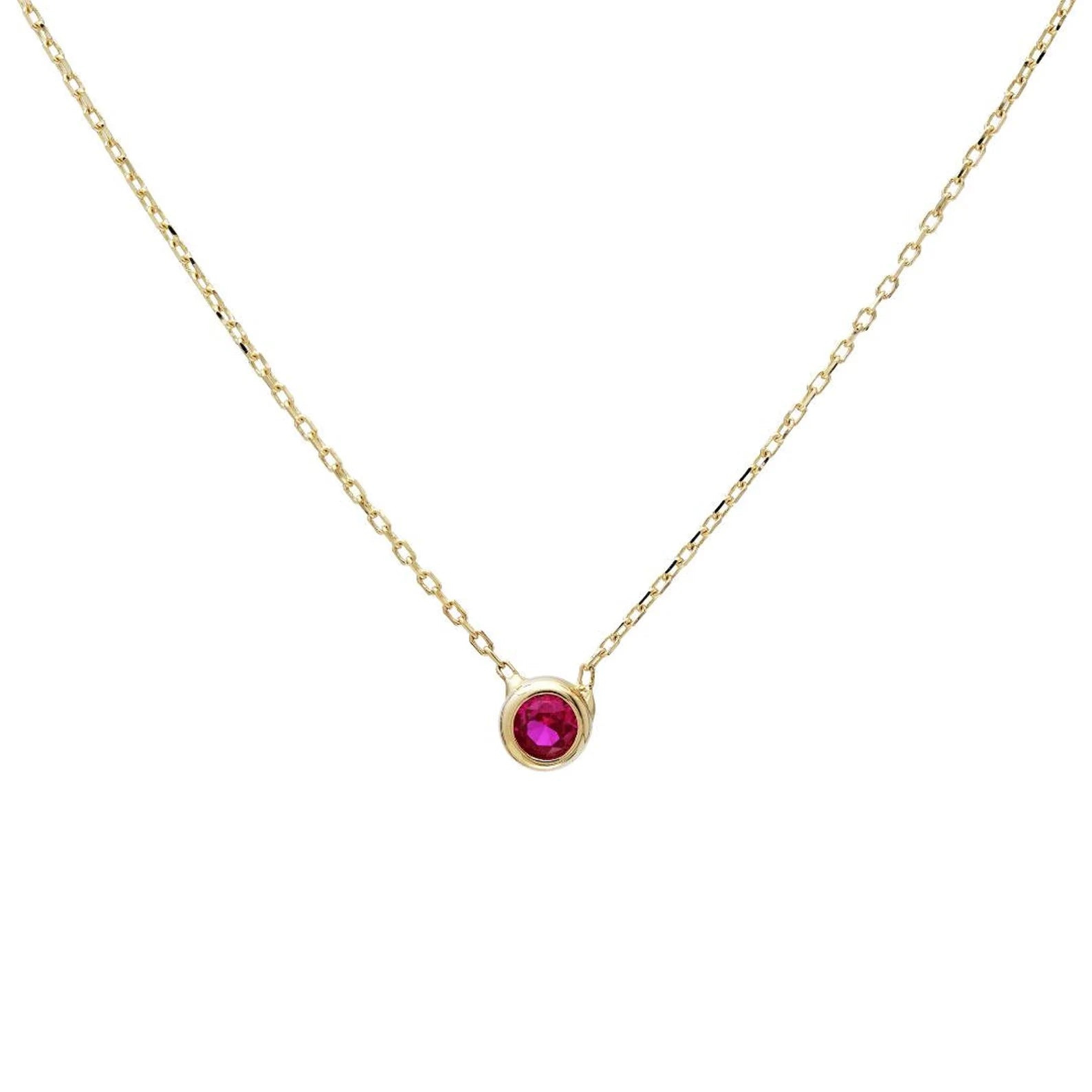 14K solid yellow gold minimalist necklace featuring a 0.30 carat lab-created ruby pendant, elegant and dainty.