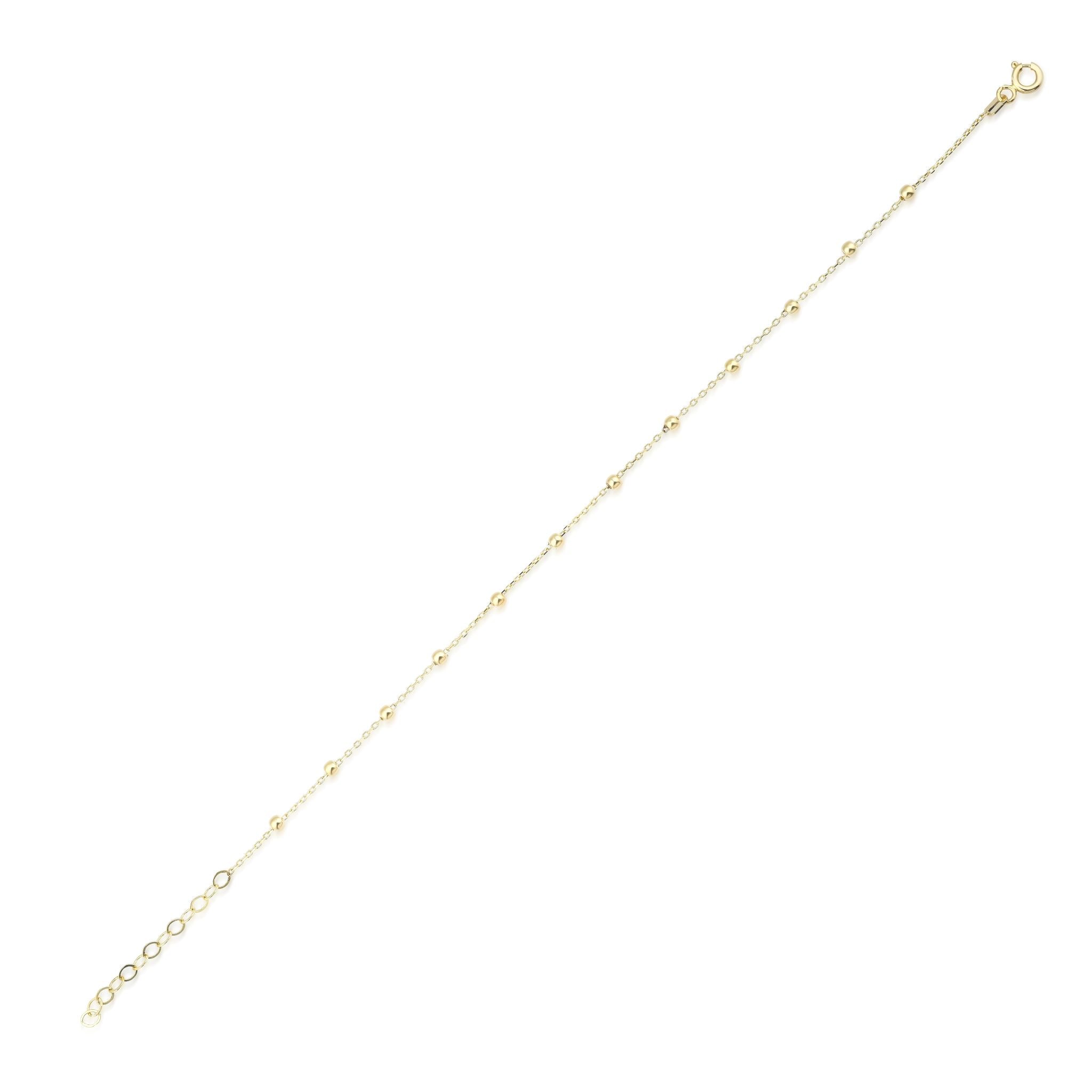 14K solid yellow gold station ball bracelet with beads, adjustable length from 6.25 to 8 inches.