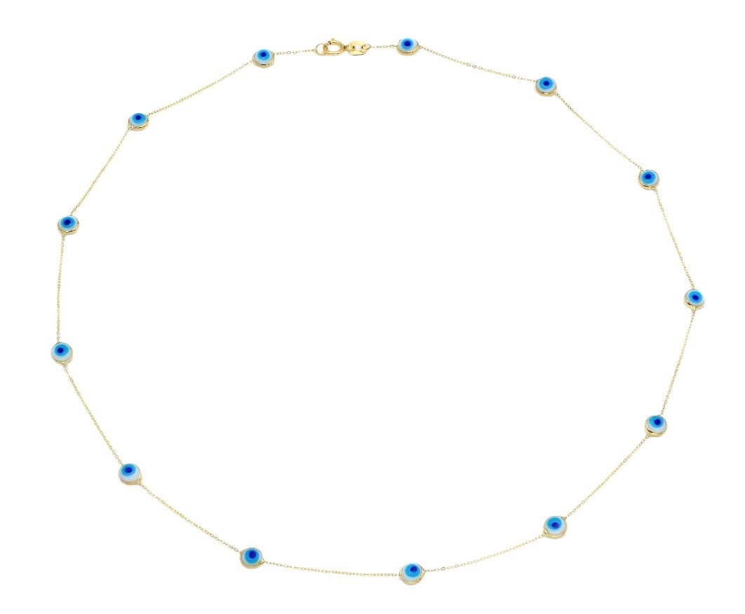 14K solid yellow gold necklace featuring 13 blue evil eye stations, delicate design, perfect for everyday wear, 17 inches long.