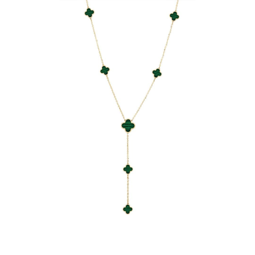 14K solid yellow gold necklace with malachite clover stations, elegant and delicate, perfect for everyday wear.