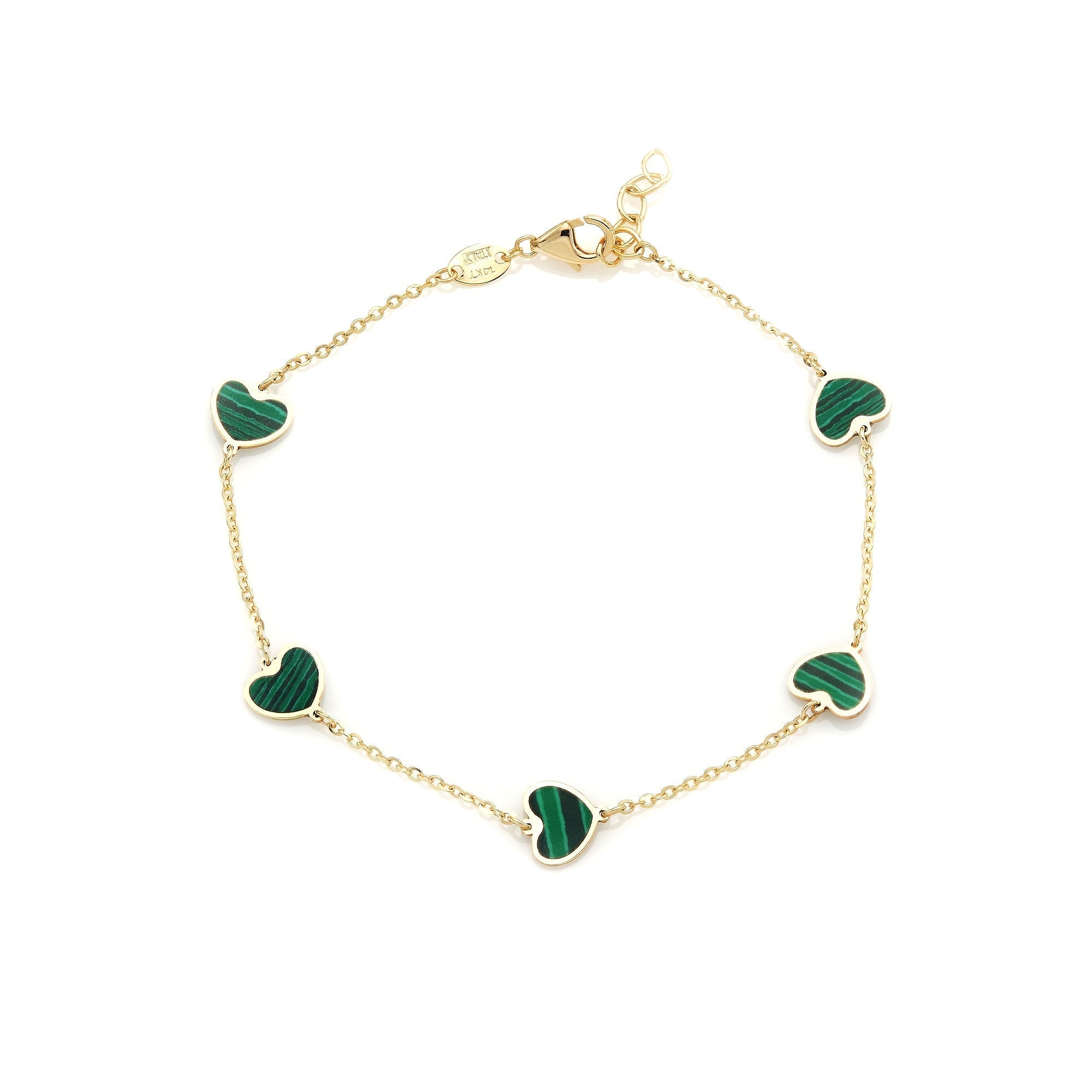 14K solid yellow gold malachite heart bracelet featuring five heart stations, elegant design, perfect gift.
