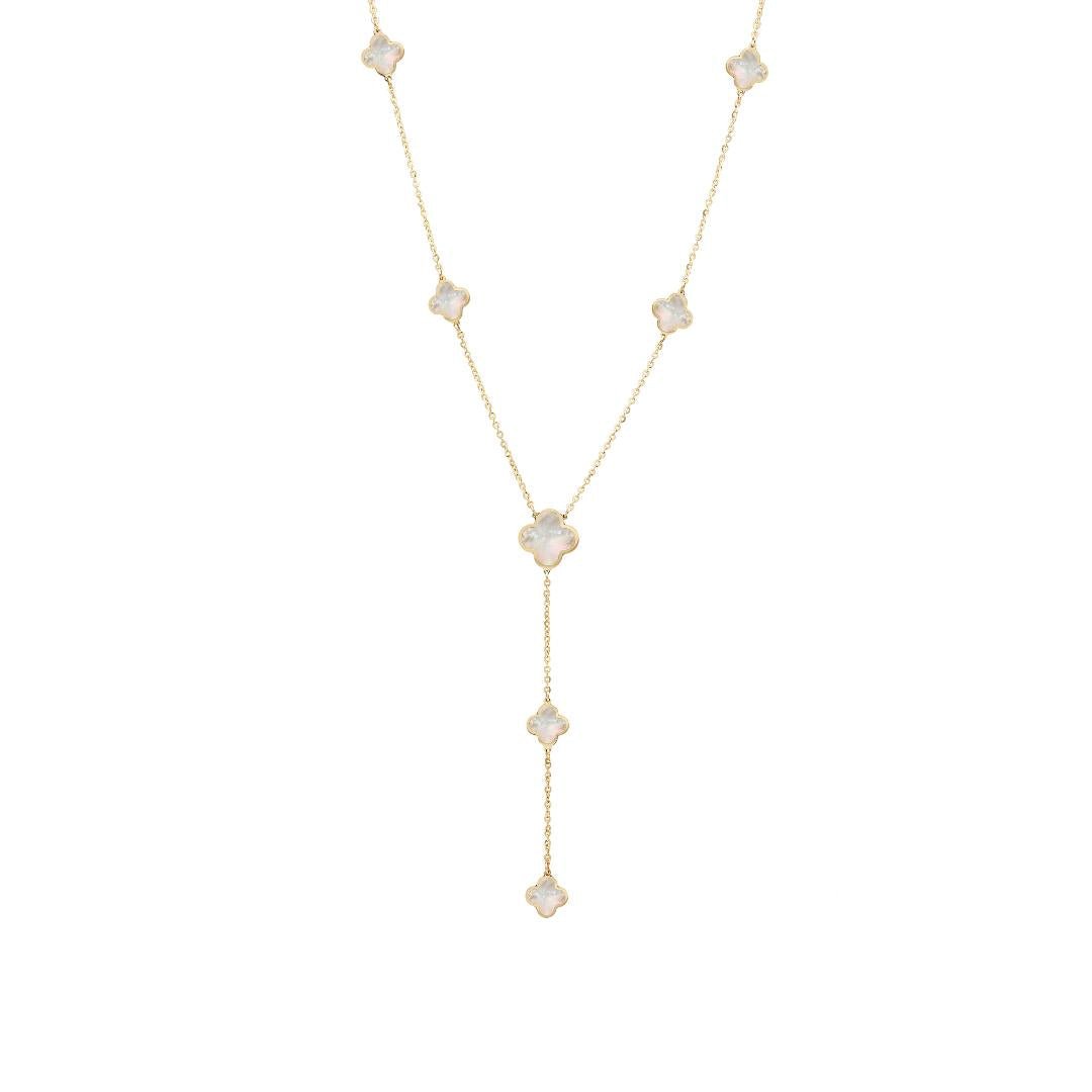 14K yellow gold station necklace with mother of pearl clovers, perfect for dainty and classy everyday wear.