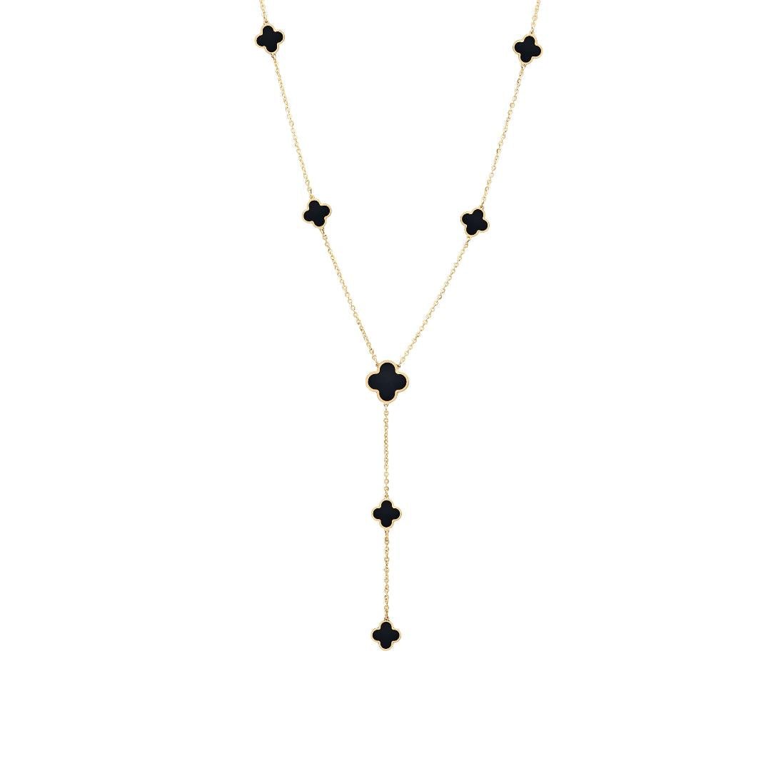 14K solid yellow gold station necklace featuring onyx clover pendants, stylish and perfect for everyday wear.