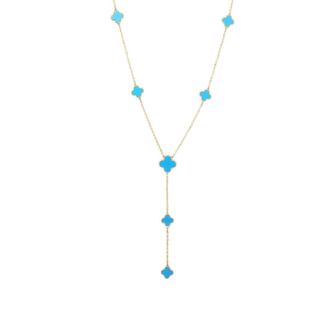 14K solid yellow gold necklace with turquoise clover accents, stylish and delicate design for everyday wear.
