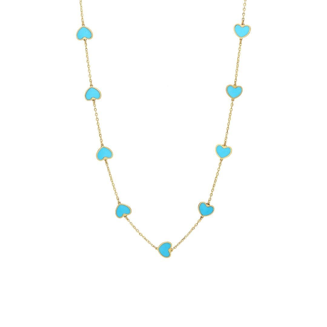 14K solid yellow gold necklace featuring turquoise heart charms, elegant and delicate jewelry for everyday wear.