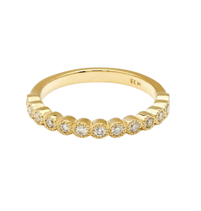 14K yellow gold half eternity diamond wedding ring featuring 12 round diamonds, 0.24 carats, shiny finish.