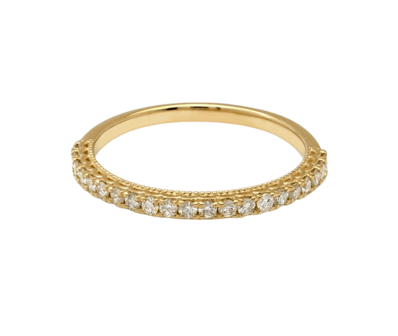14K gold half eternity wedding ring featuring 27 round diamonds, total carat weight 0.45, shiny finish, size 4-8.
