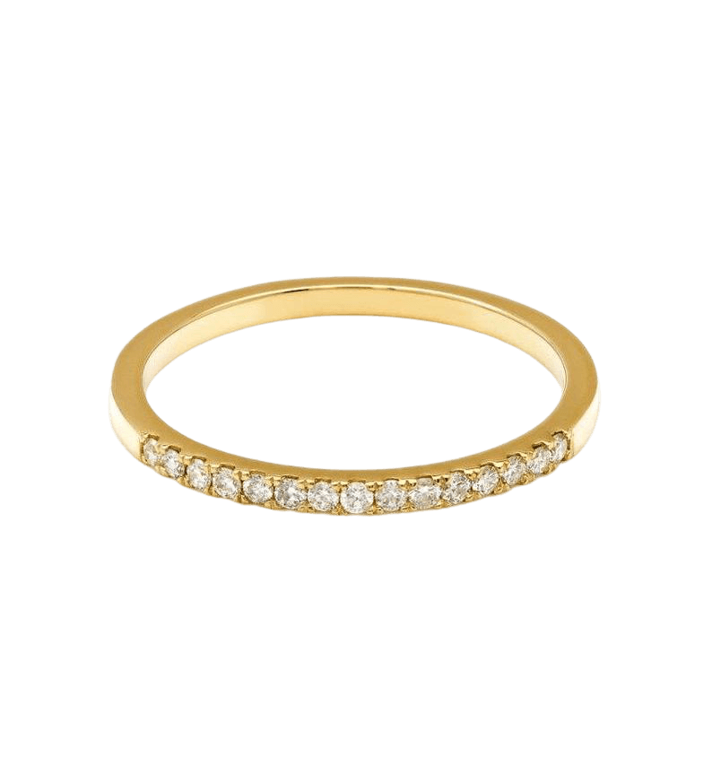 14K yellow gold women's diamond wedding band featuring 15 round diamonds, shiny finish, size 4-8, 0.15 carats.
