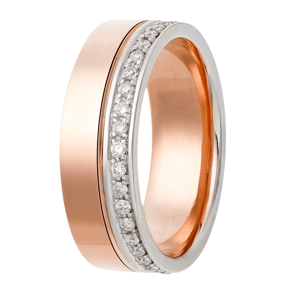 14K two tone gold diamond eternity wedding band with round brilliant cut diamonds, 6mm width, shiny finish.