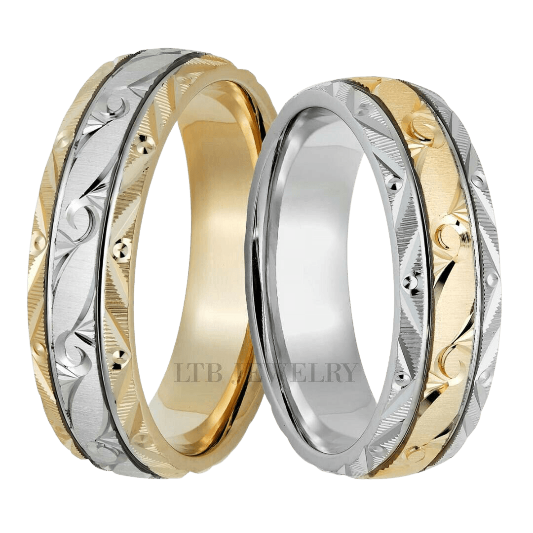 Two tone gold his and hers hand engraved wedding bands, 10K, 14K, and 18K options with shiny finish.