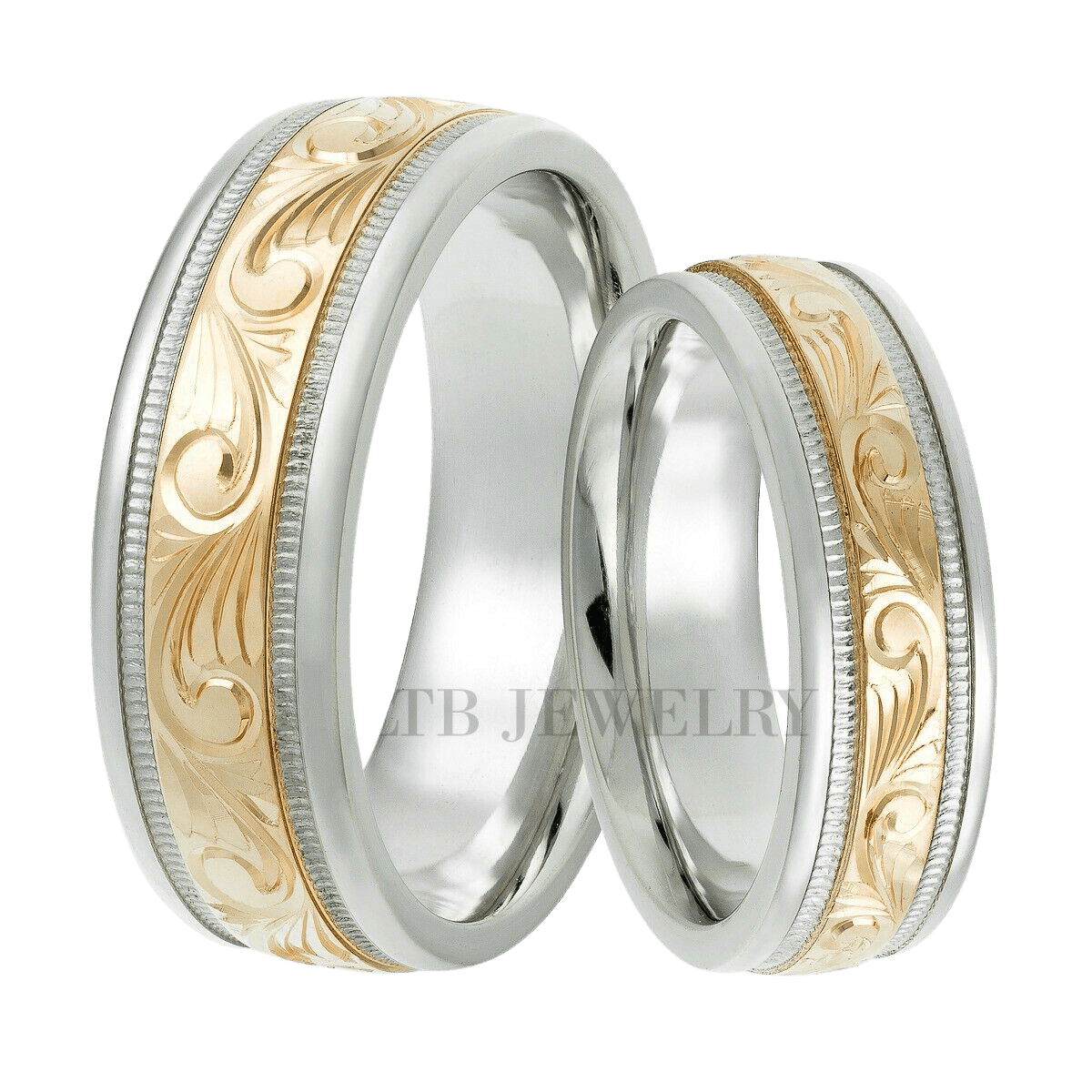 His and Hers 10K 14K 18K Two Tone Gold Hand Engraved Wedding Bands Set with Shiny Finish