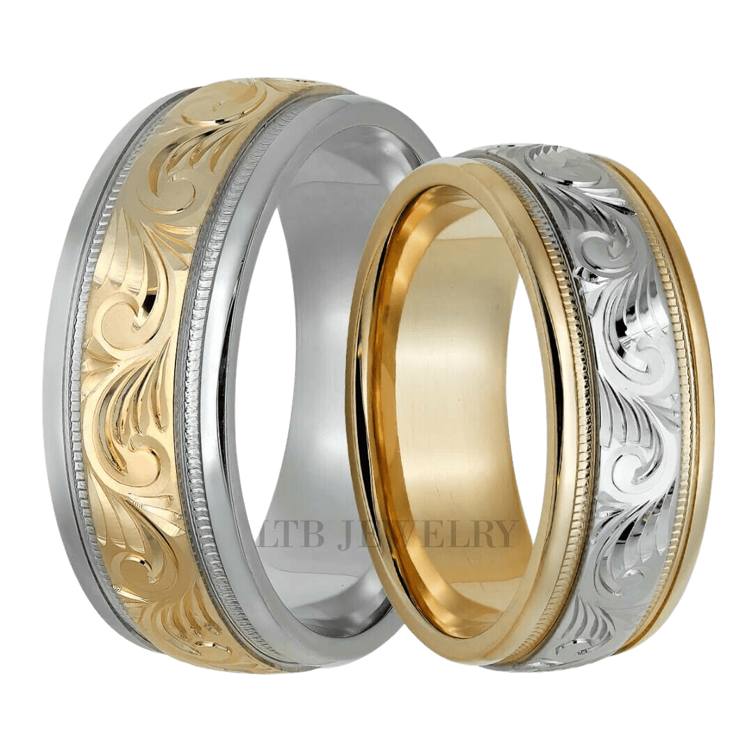 Hand engraved matching wedding bands set in two-tone gold, featuring intricate designs and a shiny finish.