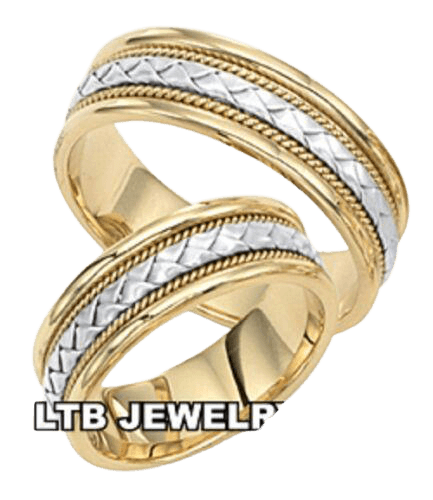 His and Hers handmade wedding bands in two-tone gold with satin and shiny finishes, crafted in New York, available in various styles.