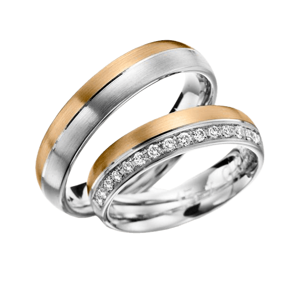 14K white and yellow gold his and hers diamond wedding bands with satin and shiny finish, featuring round cut diamonds.