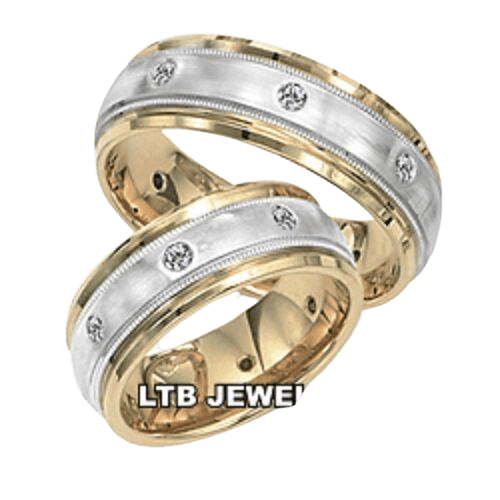 His and Hers 14K two-tone gold diamond wedding bands featuring satin and shiny finishes, with round cut diamonds.
