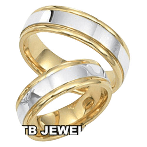His and Hers Matching Wedding Bands in two-tone gold, shiny finish, 6mm wide, comfort fit, made in New York.