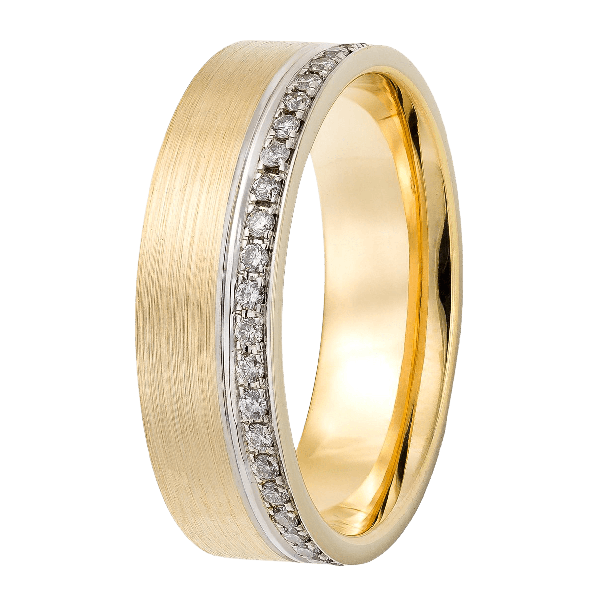 14K white and yellow gold women's diamond wedding band with a shiny finish and round brilliant cut diamonds.