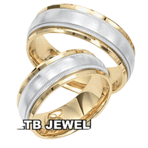 Matching 10K 14K 18K two-tone wedding rings set for him and her with satin finish and shiny edges.