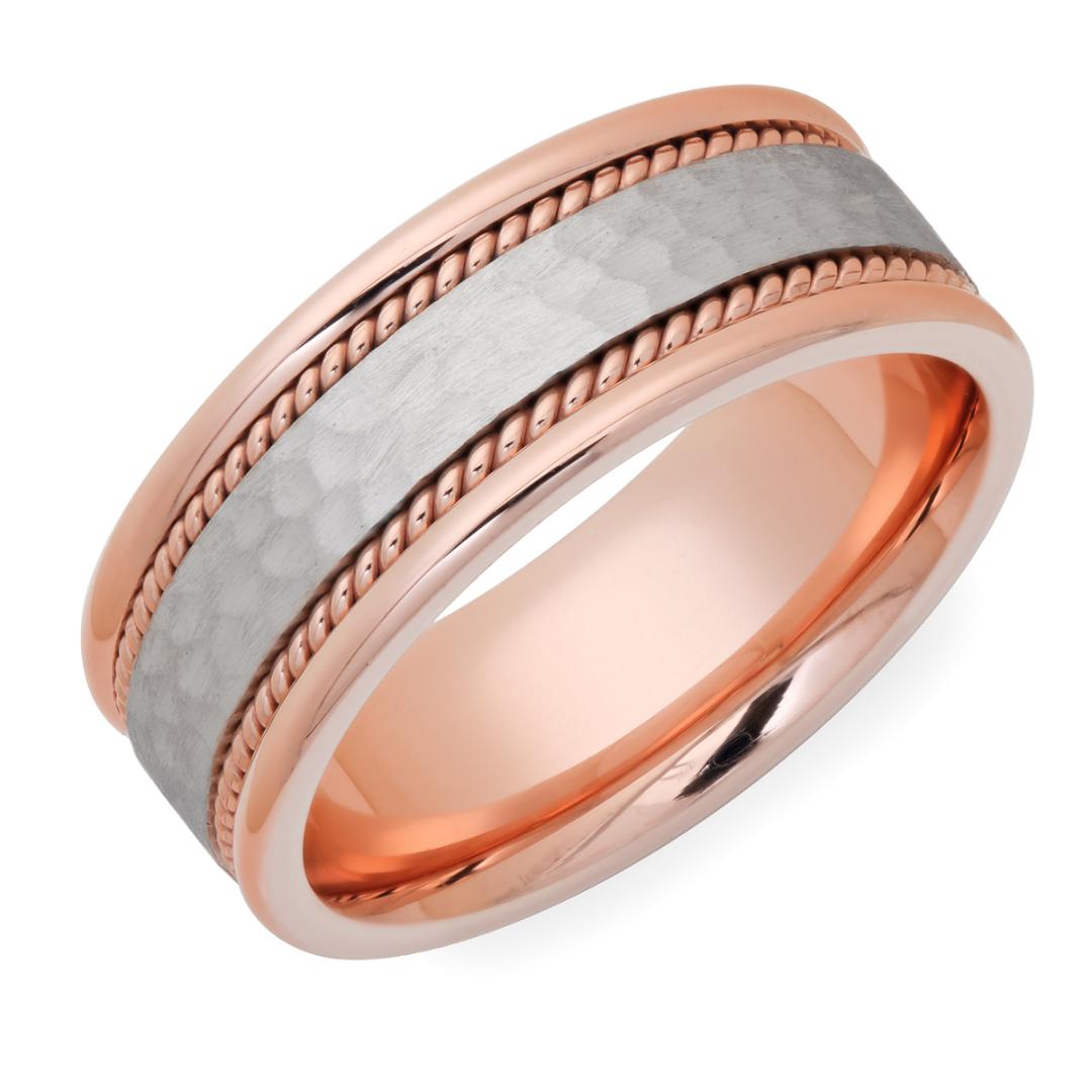 14K white and rose gold handmade men's wedding band with hammered finish and rope braid design, 8mm wide.