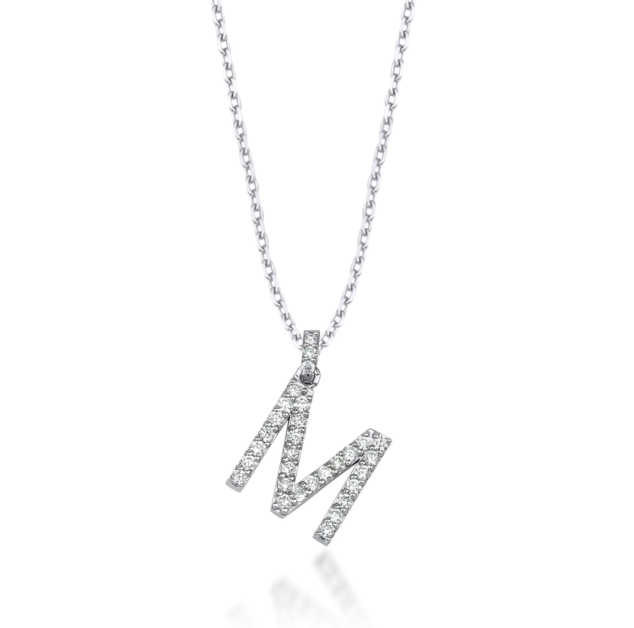 14K white gold diamond initial necklace featuring letter M, 0.45 carats sparkling diamonds, elegant jewelry design.