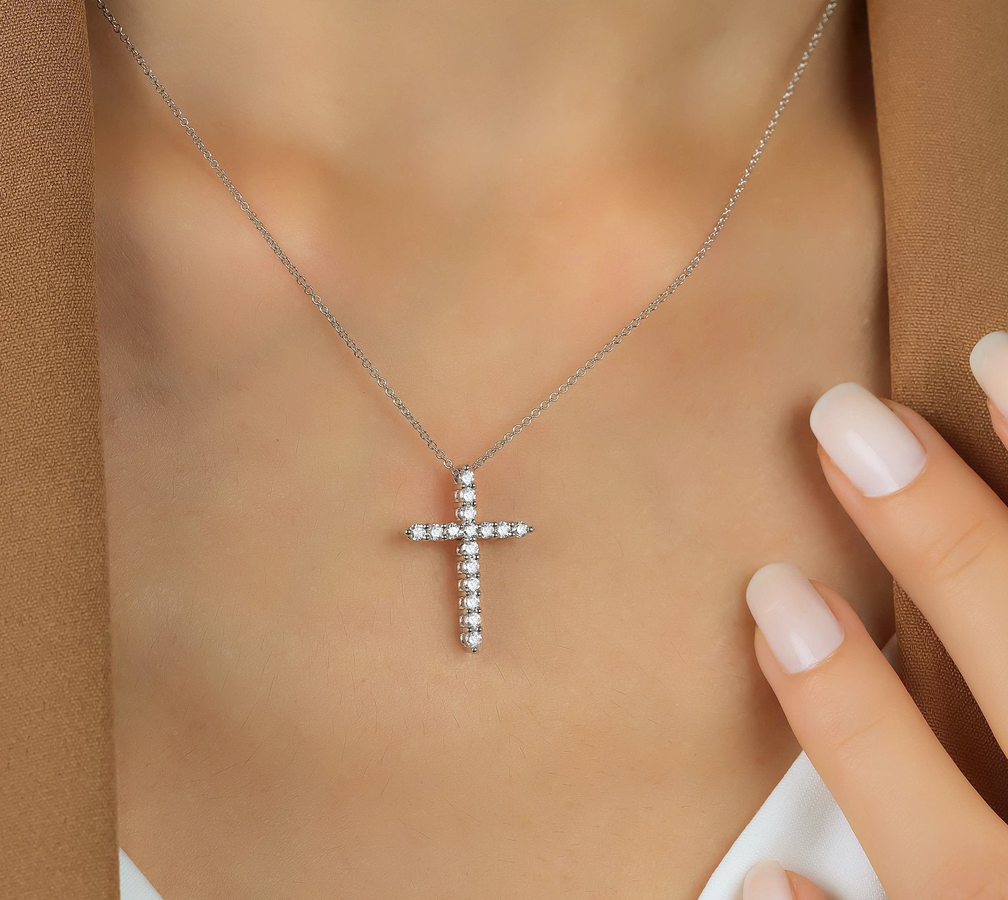 14K white gold diamond cross necklace featuring 0.50 carats of lab-created diamonds, elegant and sparkling design.