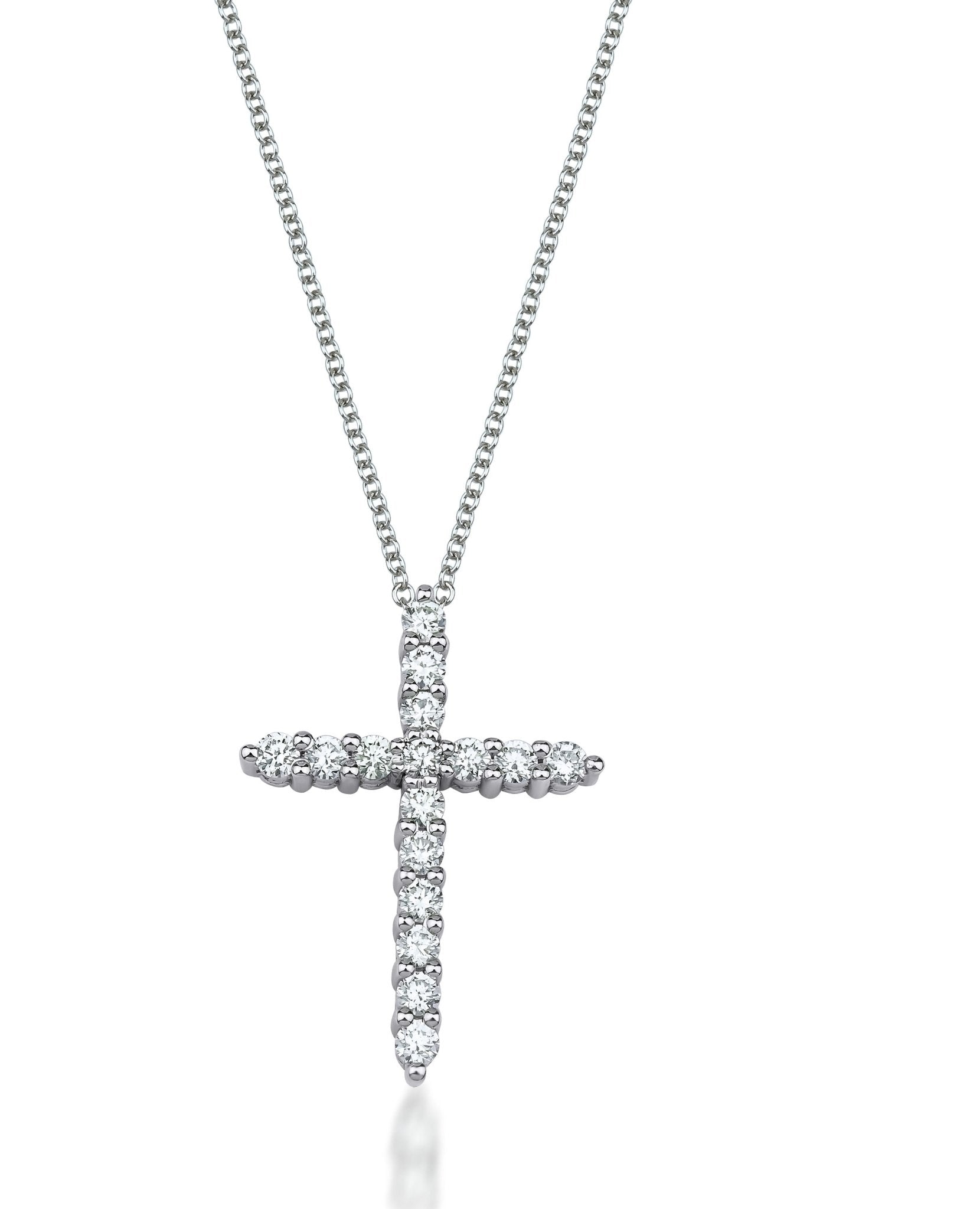 14K white gold cross necklace featuring 0.50 carat lab-created diamonds, elegant design, 22.5mm height and 16mm width.