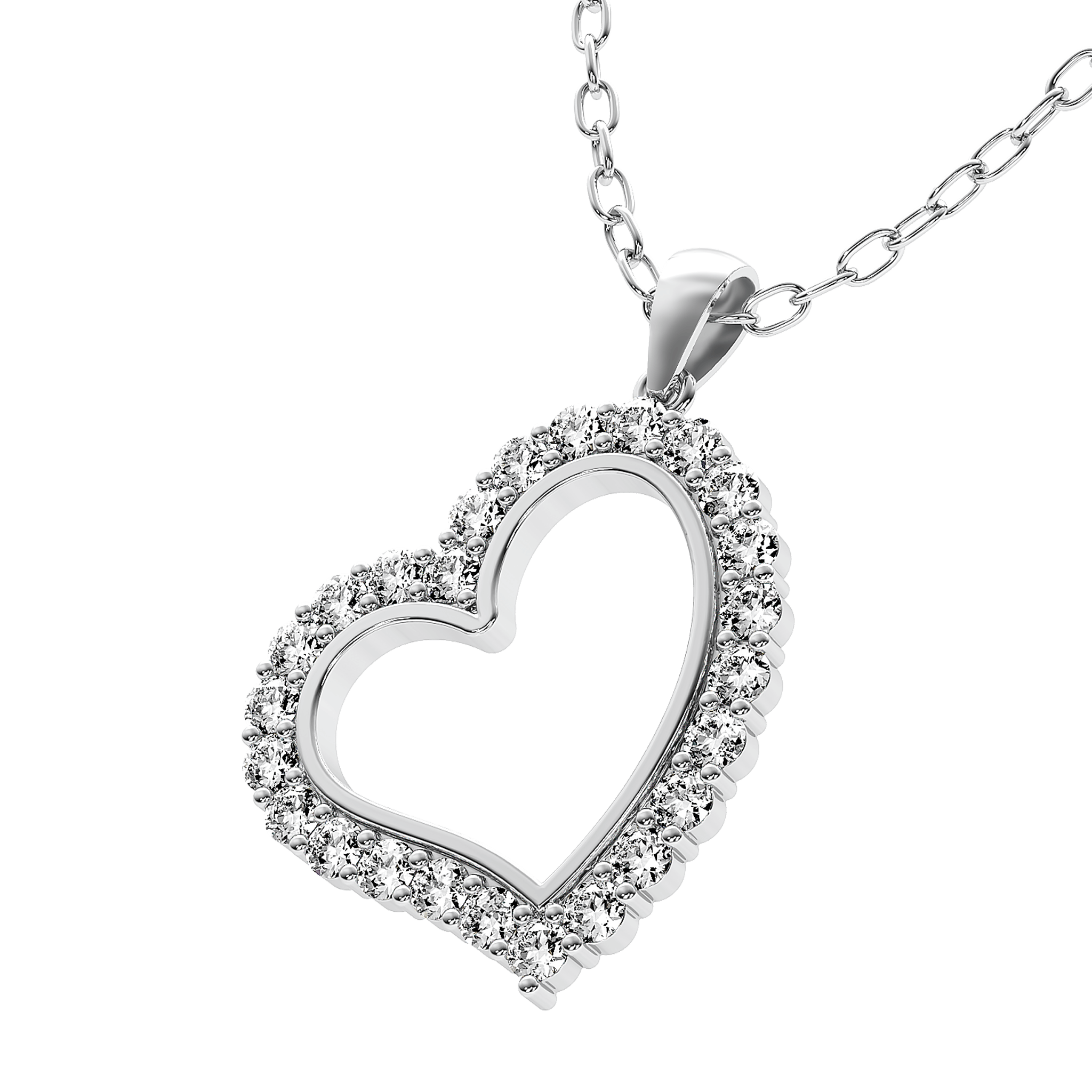14K white gold heart pendant necklace with 0.60 carat lab-grown diamonds, sparkling stones outlined in a heart shape.