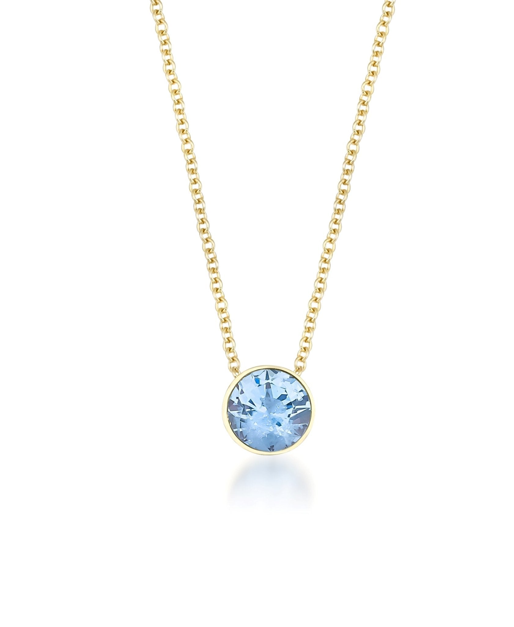 14K solid yellow gold 6mm bezel set aquamarine solitaire necklace, a delicate and minimalist March birthstone jewelry.