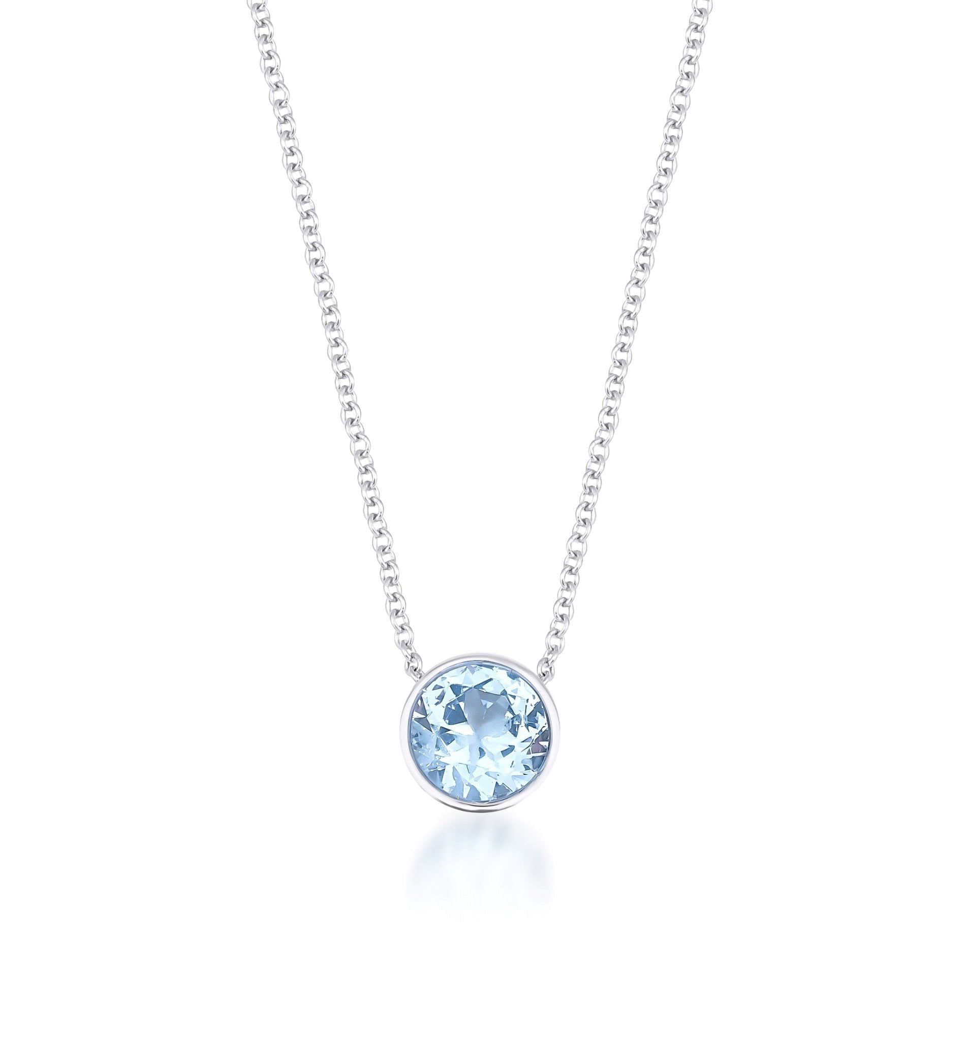 14K white gold 6mm bezel set aquamarine solitaire necklace, perfect minimalist jewelry for everyday wear.