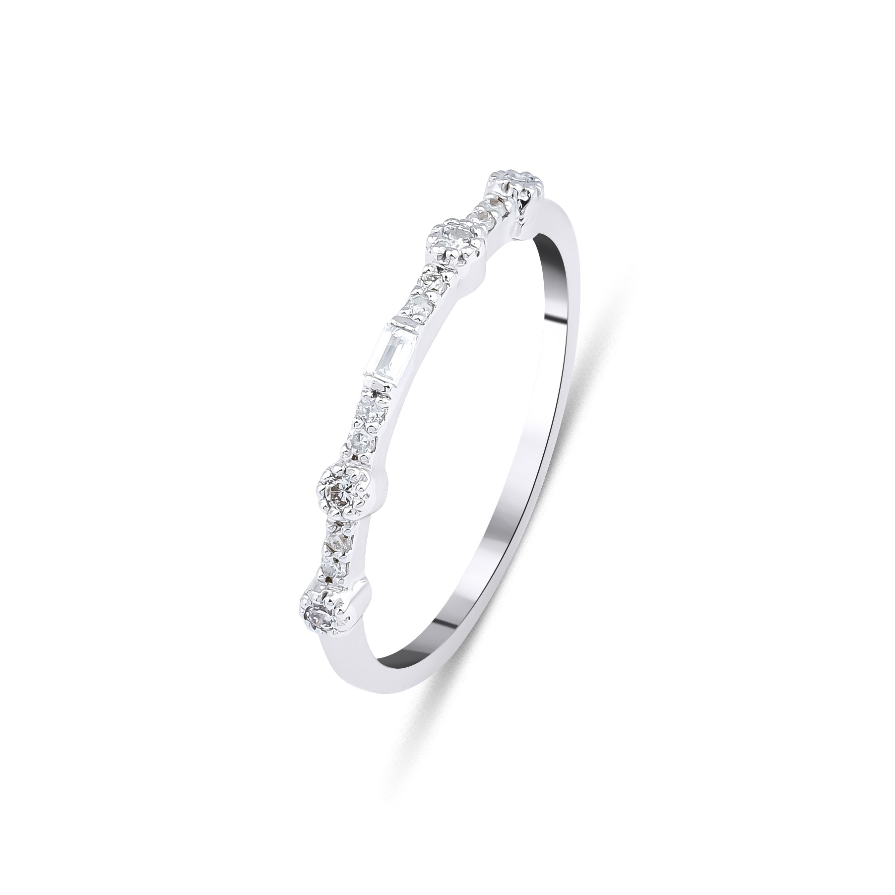 14K white gold minimalist half eternity wedding band with baguette and round diamonds, 0.15 carats, SI clarity.