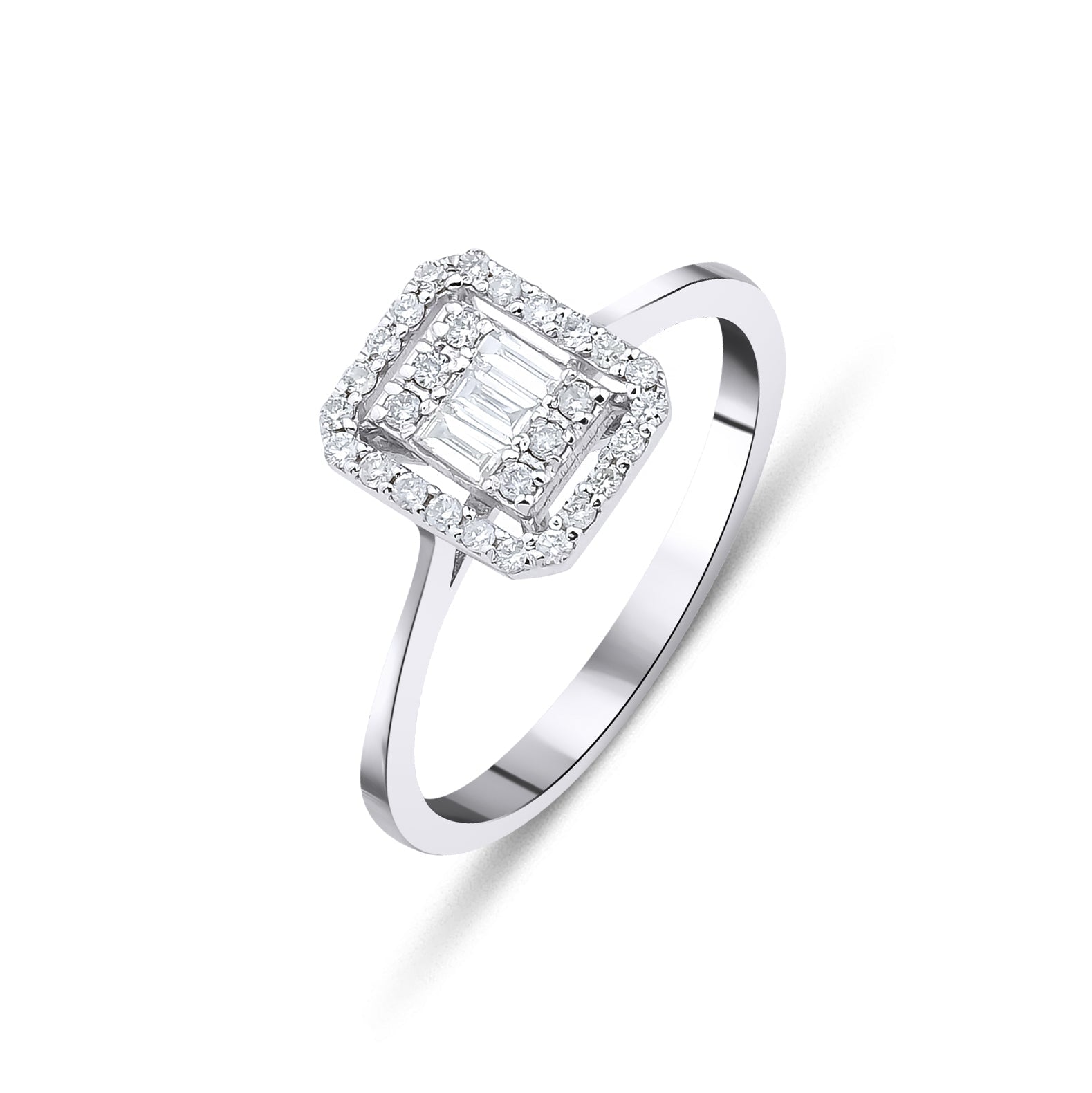 14K white gold wedding ring with baguette and round diamonds, elegant engagement ring design.