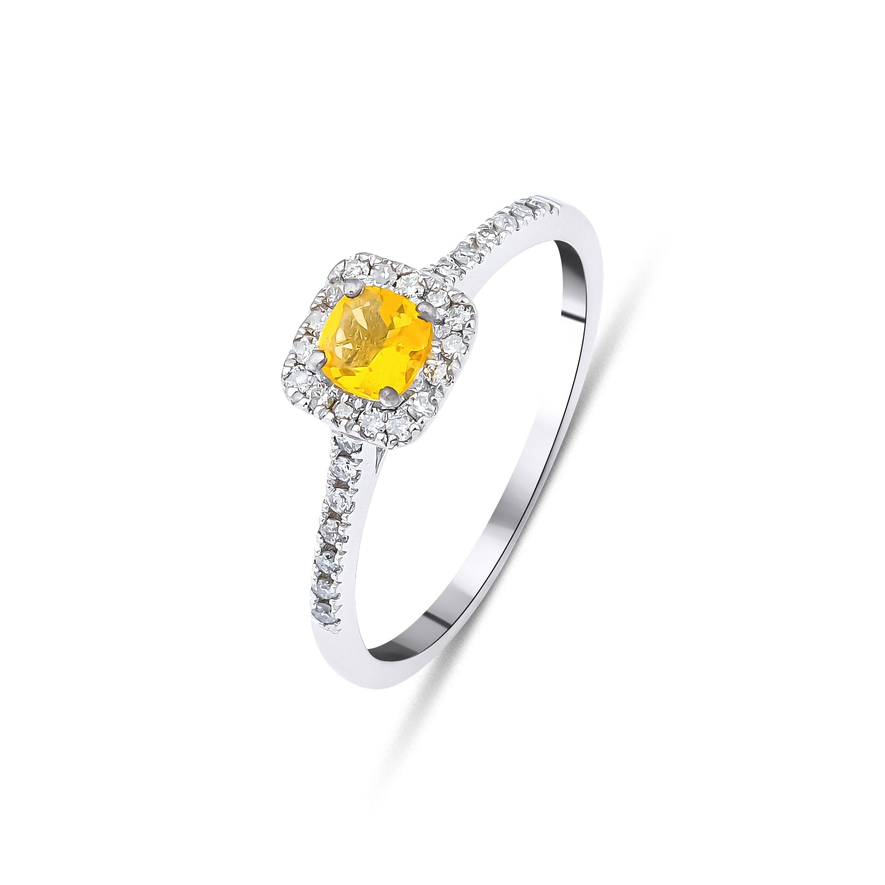 14K white gold ring featuring a cushion cut citrine center stone and 28 round diamonds for a dazzling effect.