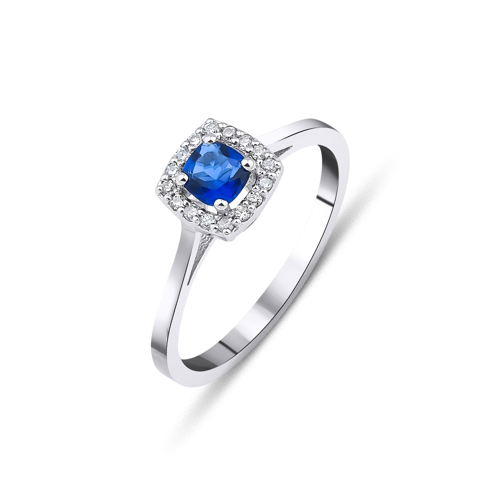 14K white gold cushion cut sapphire ring with diamond halo, featuring 0.30 carat quartz sapphire and 14 round diamonds.