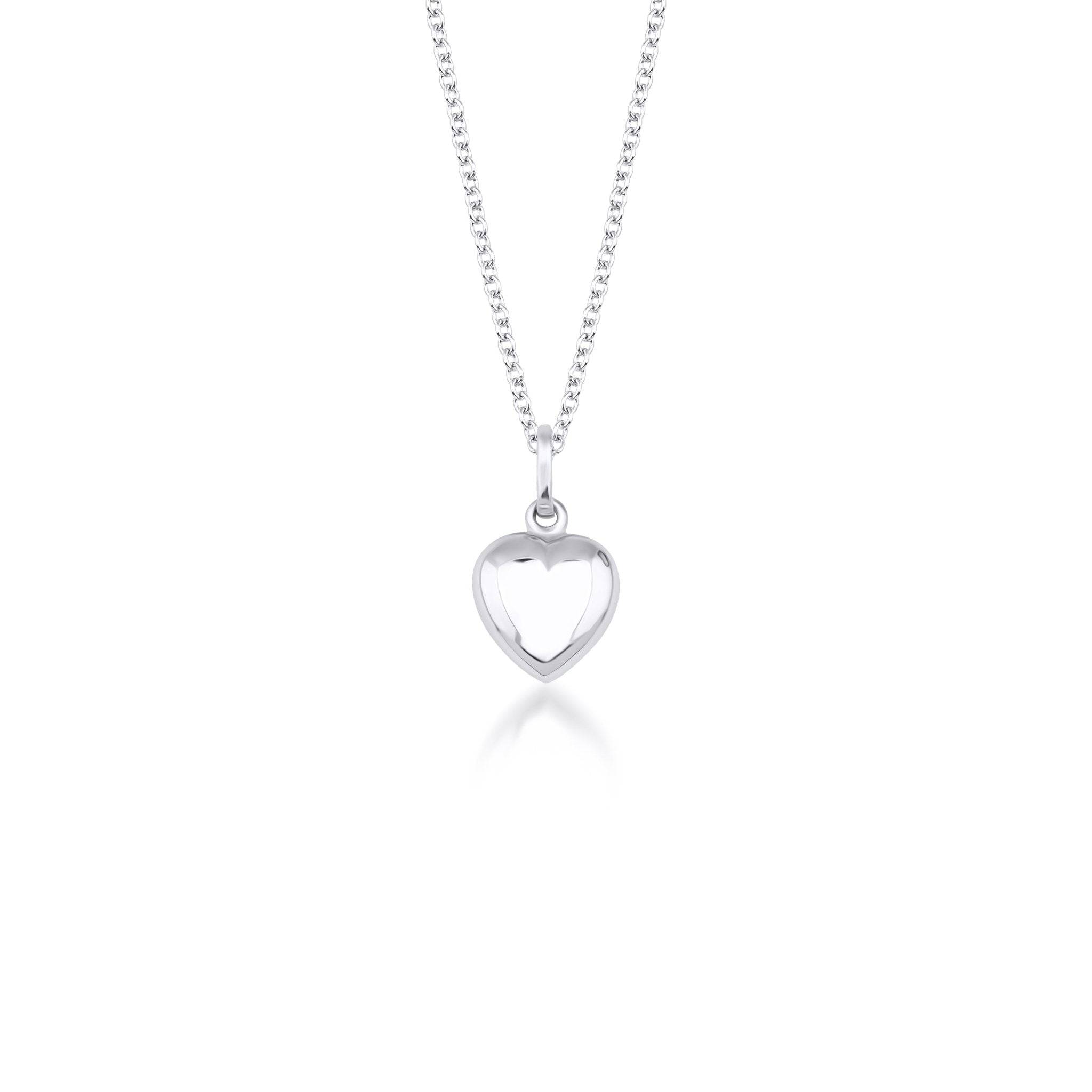 14K white gold minimalist shiny puff heart necklace with dainty chain, perfect for everyday use.