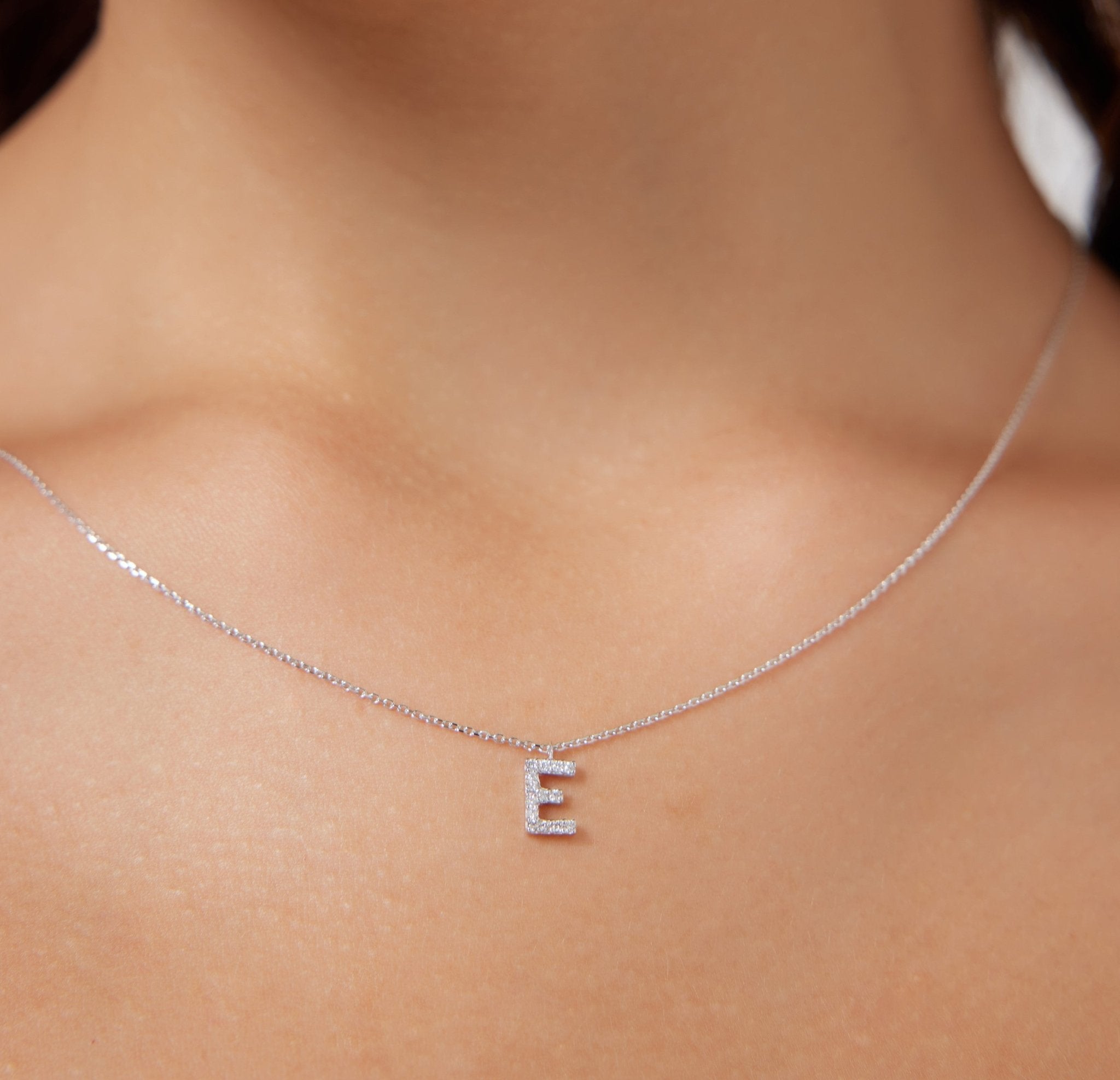 14K white gold diamond initial necklace with letter E, featuring sparkle diamonds, perfect for everyday elegance.