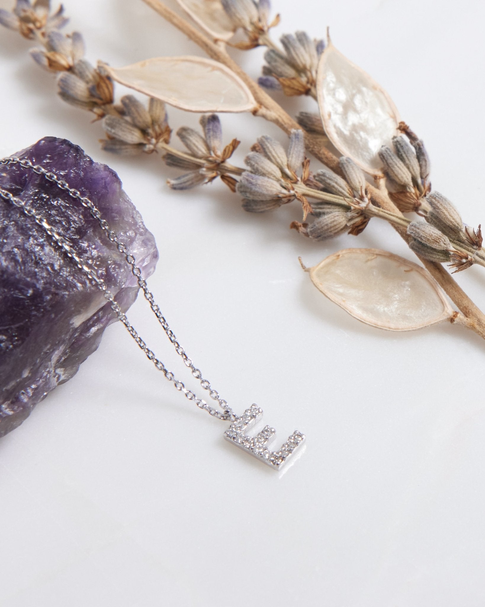 14K white gold initial necklace featuring a sparkling diamond 'E' pendant, elegantly displayed with natural decor.