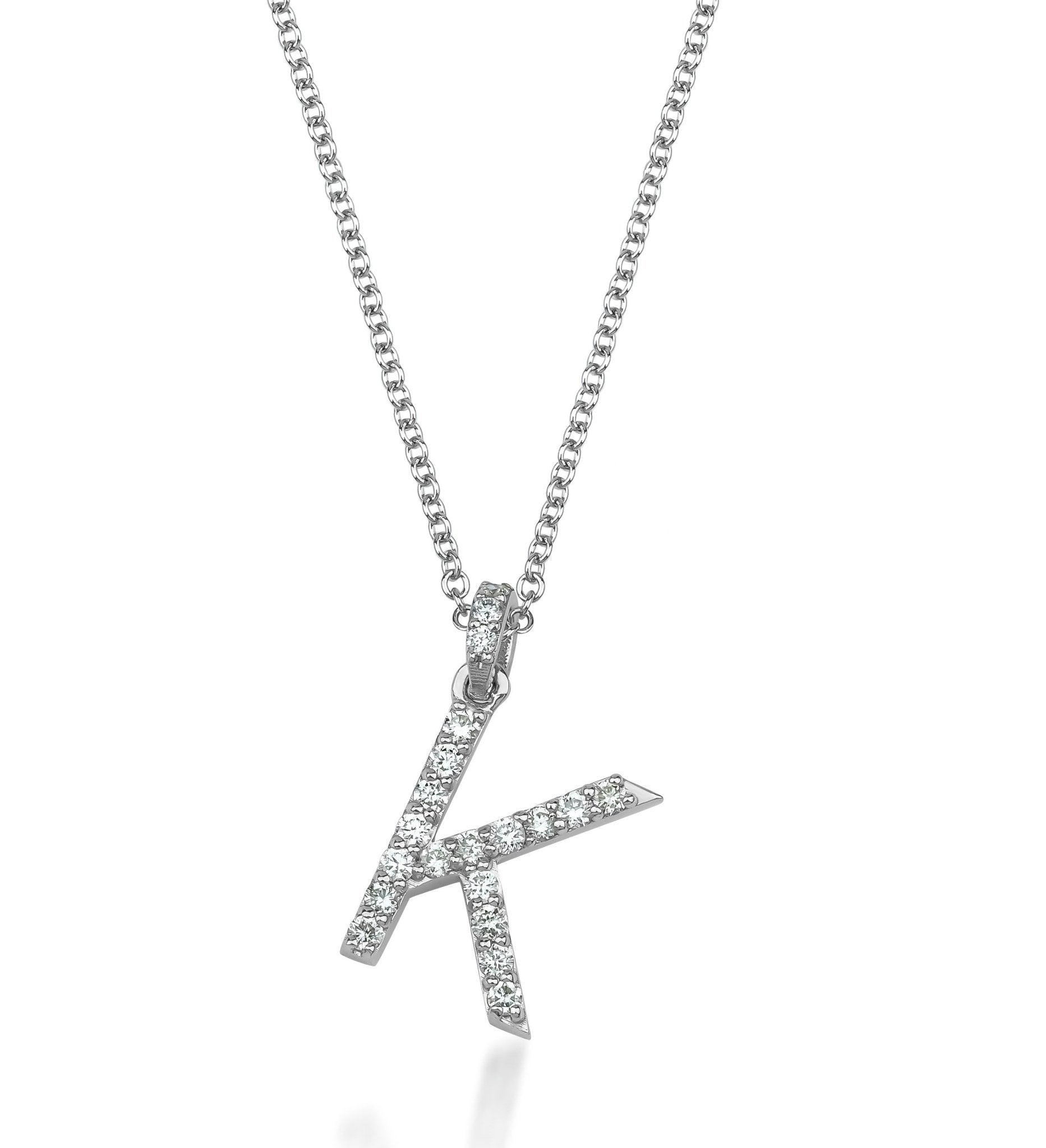 14K white gold initial necklace featuring the letter K, adorned with natural diamonds, sparkling with G color SI clarity.