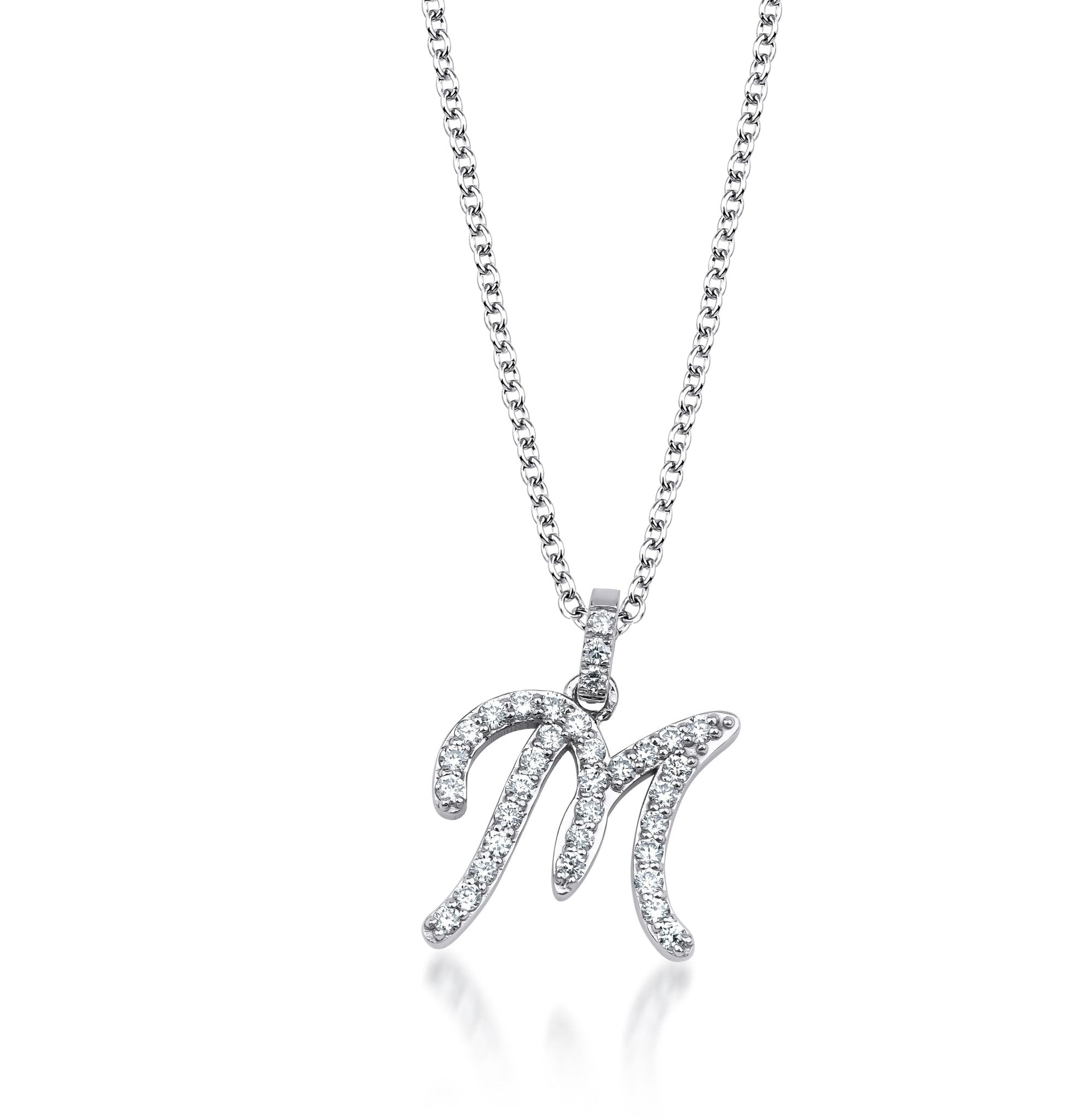 14K white gold script letter M necklace with 0.40 carat natural diamonds, elegant women's jewelry.