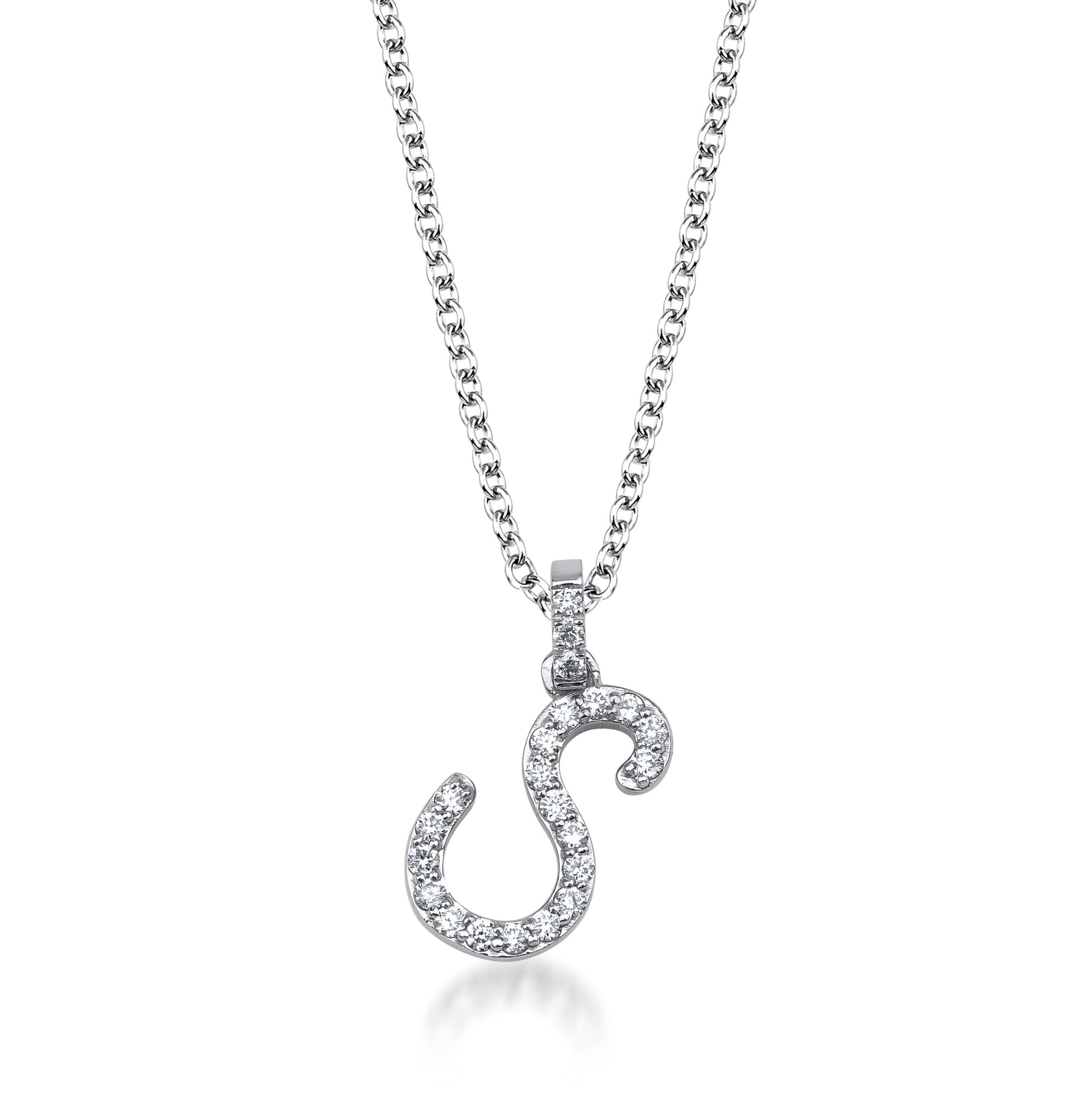 14K white gold diamond initial necklace with script letter S, featuring 22 sparkling diamonds and a delicate chain.