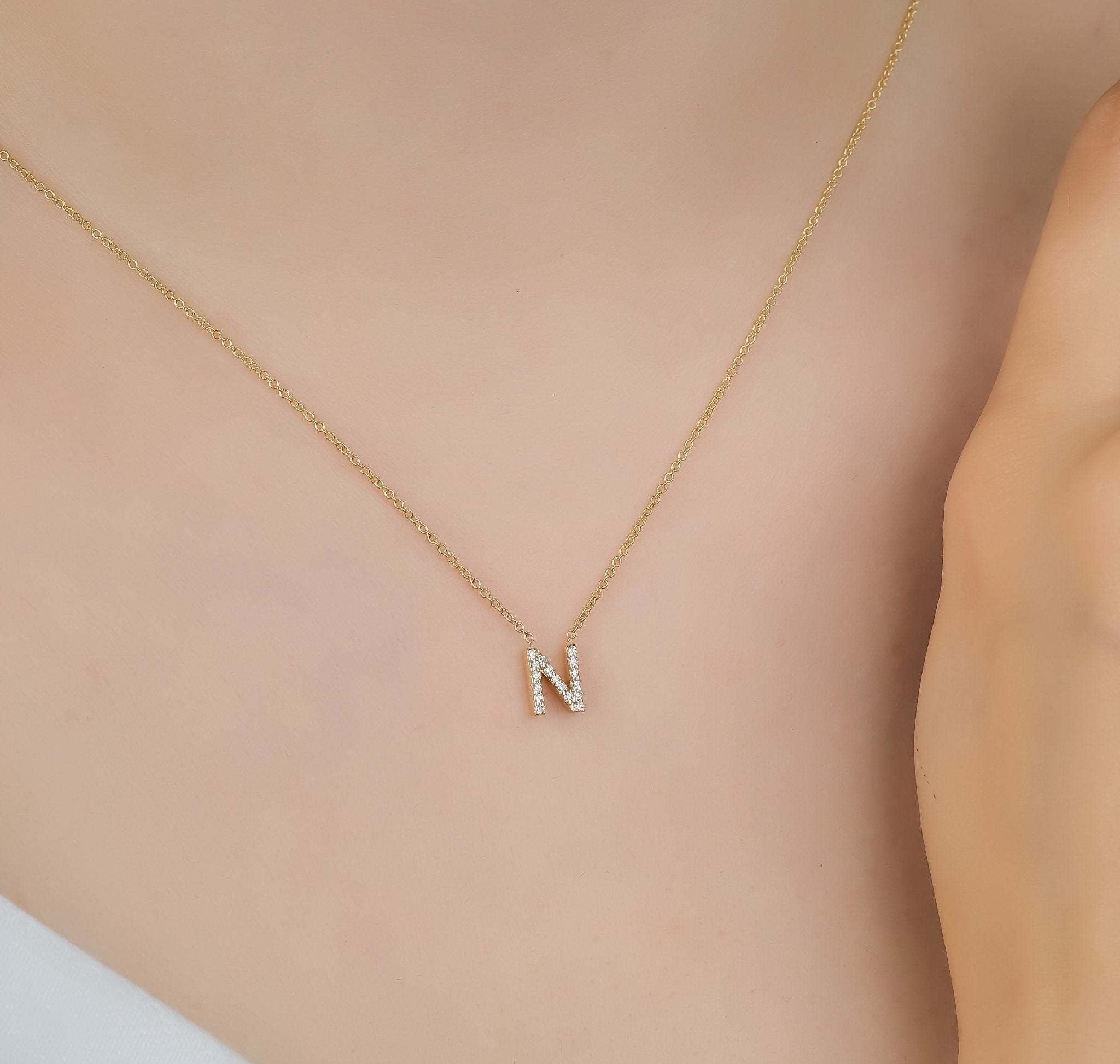 14K white gold initial 'N' necklace with diamonds, sparkling design, dainty style, perfect gift for her.