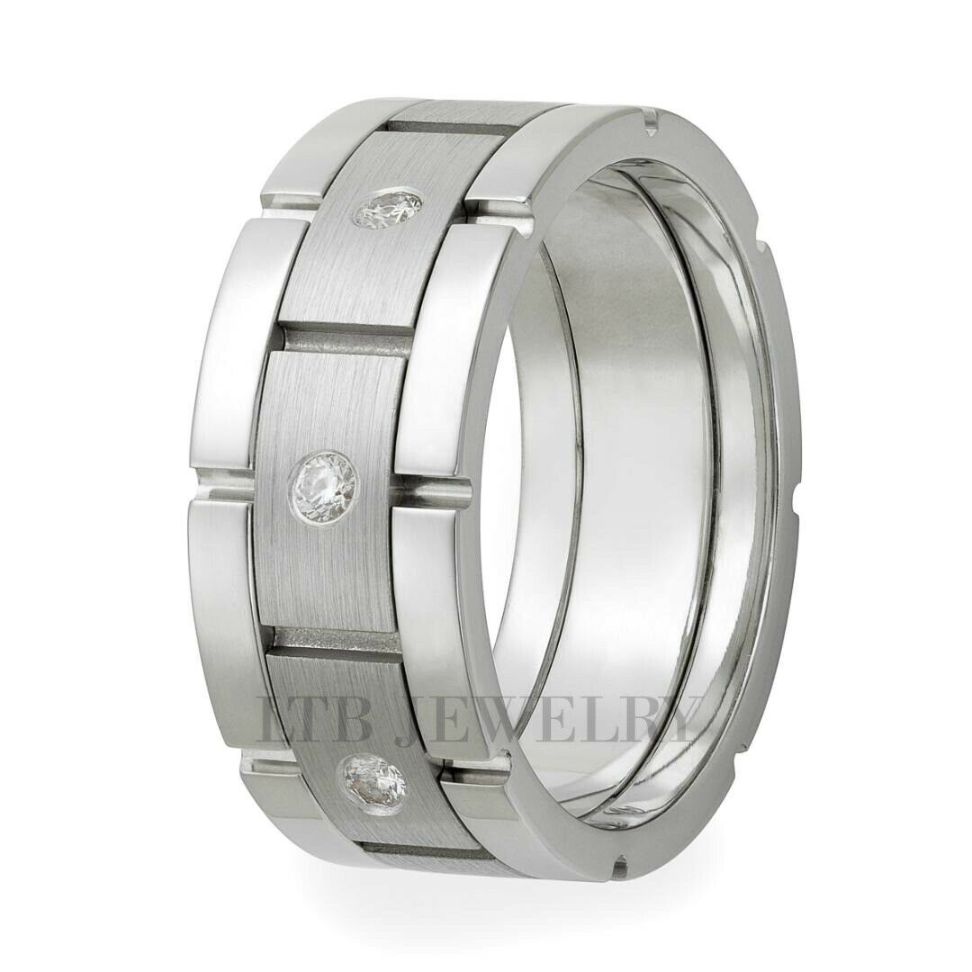 14K white gold men's wedding ring with diamonds, 8.5mm wide, satin and shiny finish, comfort fit, 0.40 carats total.