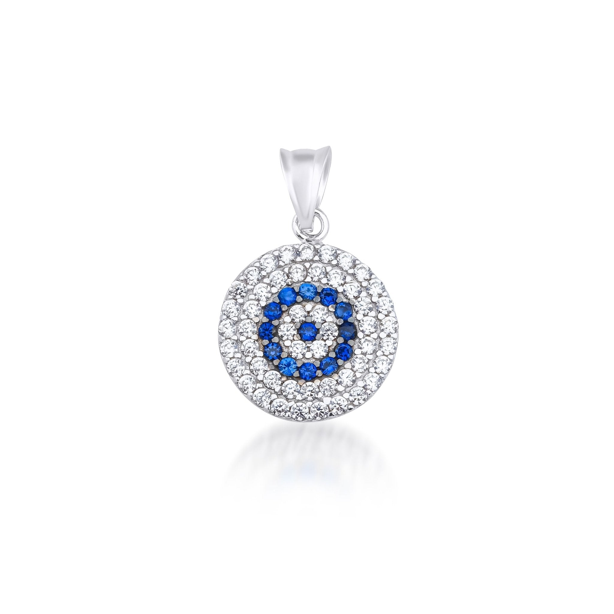 14K solid white gold round evil eye pendant necklace with blue and clear cubic zirconia stones.