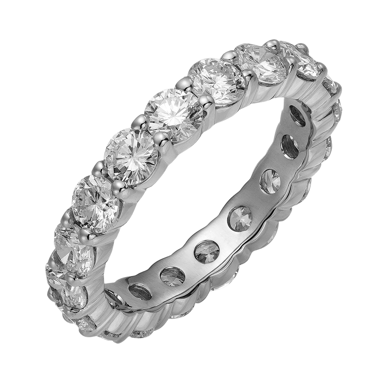 14K white gold full eternity wedding band with round cut diamonds, approx. 2.70 carats, shiny finish, for women.