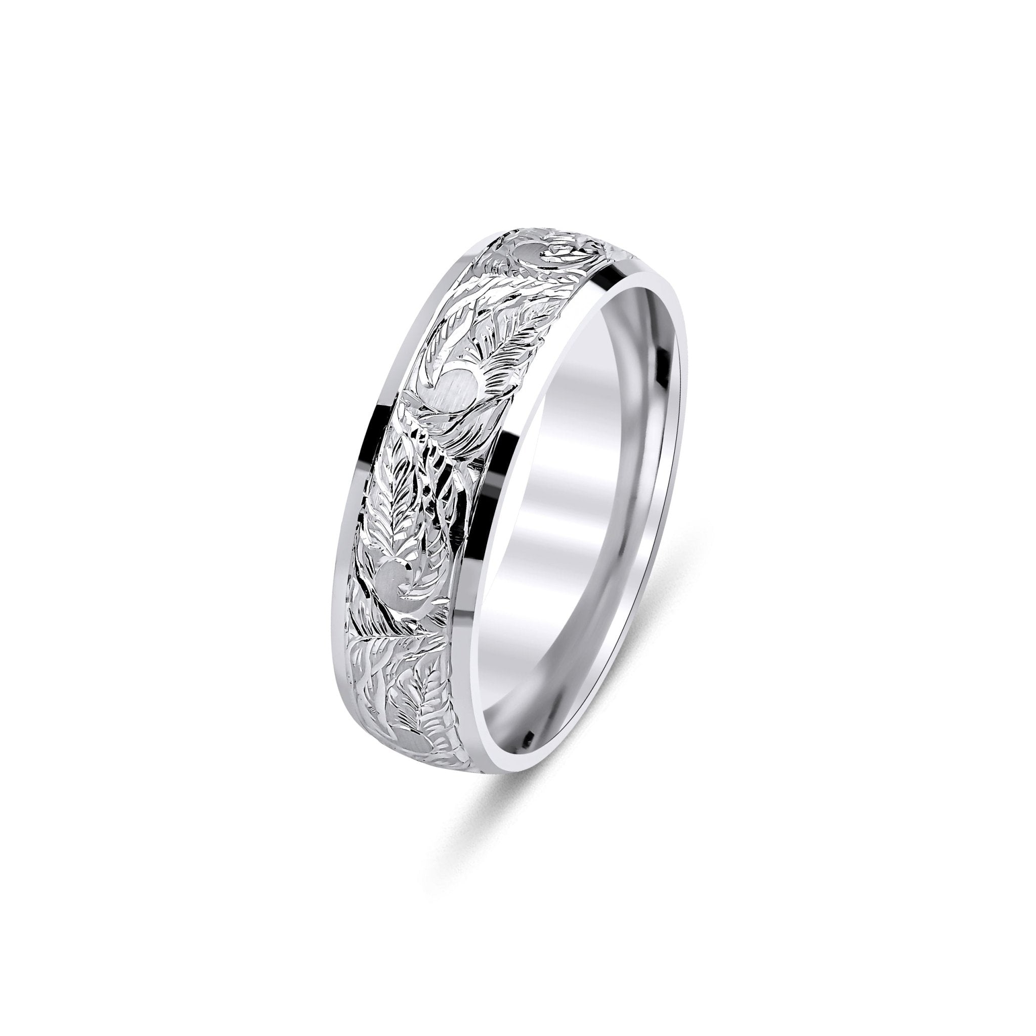 14K white gold hand engraved wedding band with leaf motifs, 7mm width, shiny finish, comfort fit, made in New York.