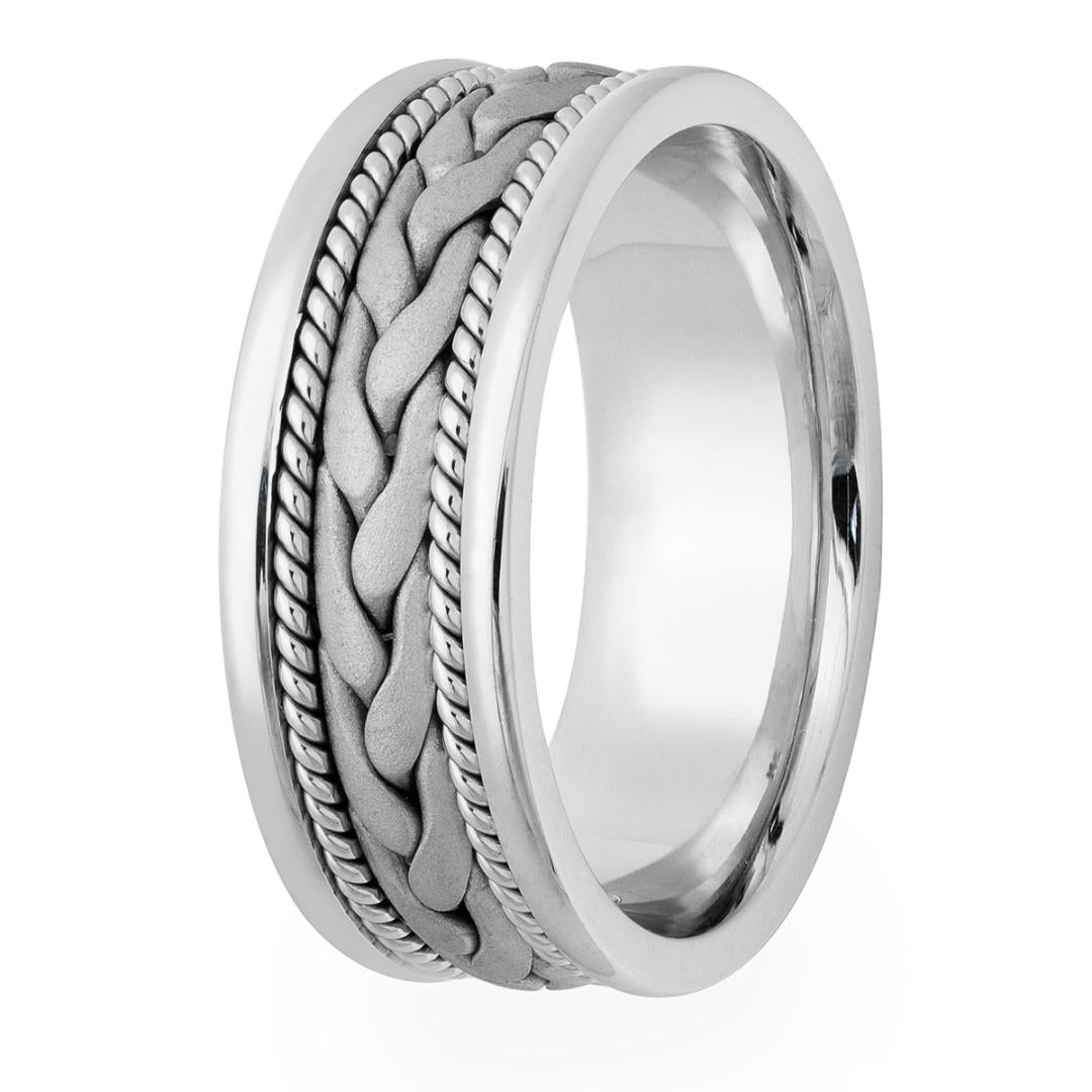 14K white gold handmade braided men's wedding band with satin and shiny finish, comfort fit design.