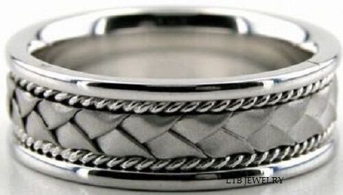 14K White Gold Handmade Men's Wedding Band with braided center and shiny rope edges, 7mm comfort fit ring.