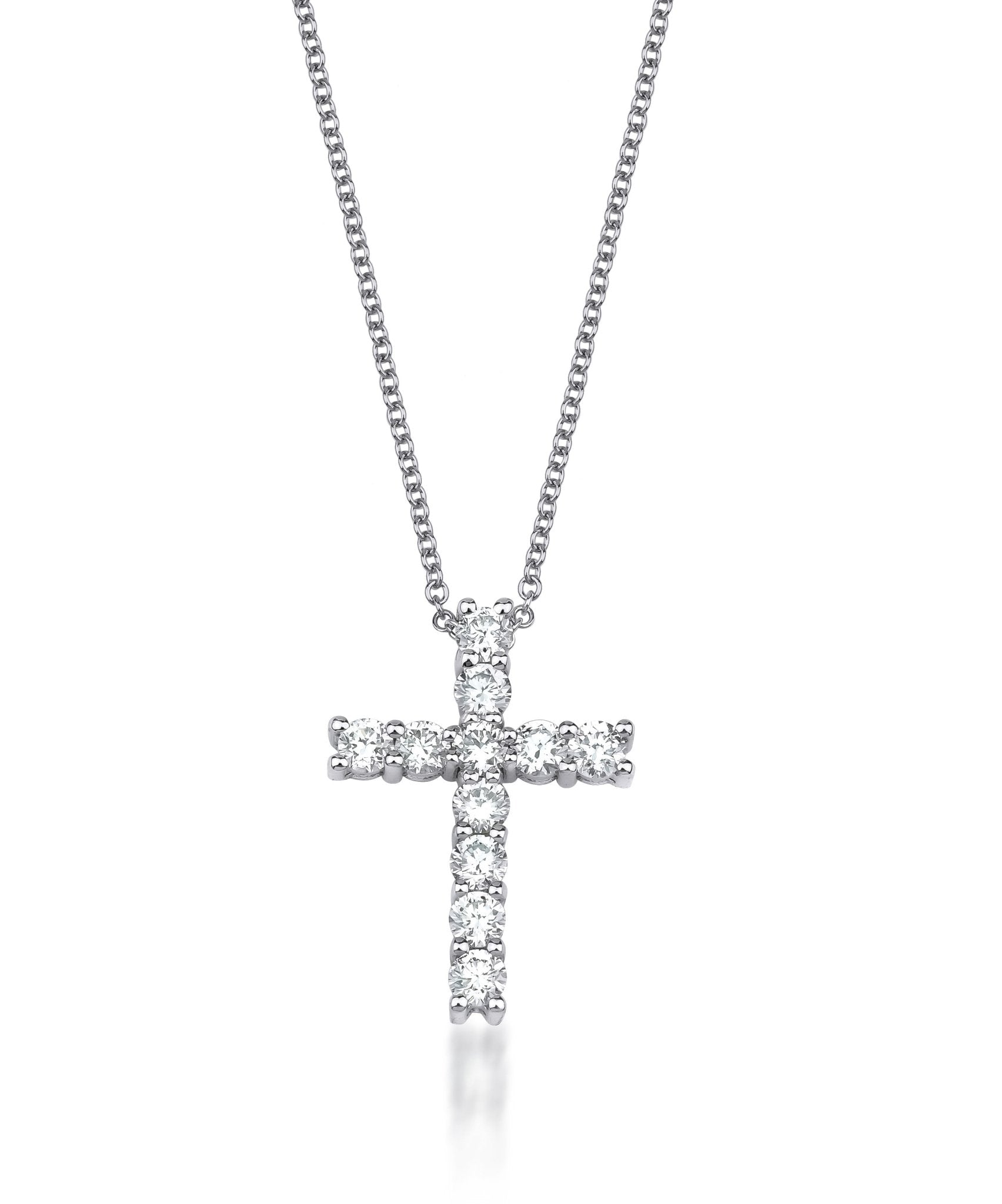 14K white gold cross necklace with 0.55 carat lab-created diamonds, elegant sparkle and shine.