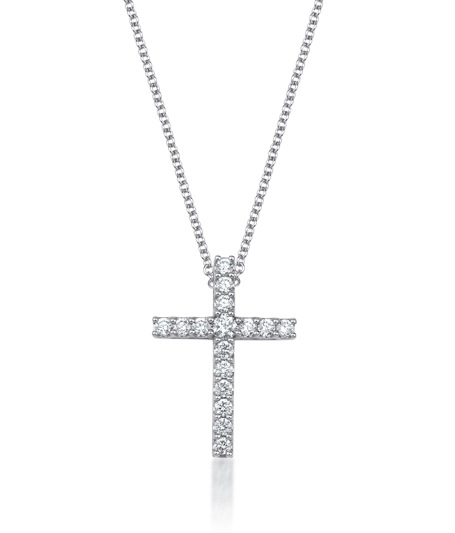 14K white gold 0.55 carat lab created diamond cross necklace with sparkling diamonds on a slender chain.