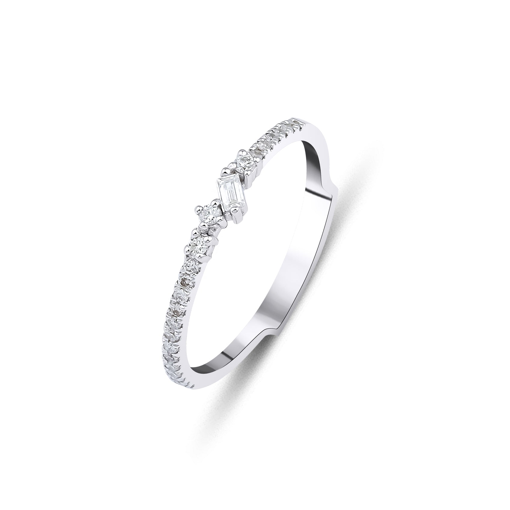 14K white gold minimalist wedding ring featuring baguette and round diamonds, 0.25 carats, SI clarity, elegant design.